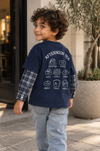 Printed Long Sleeve Tee in Navy, worn by a child