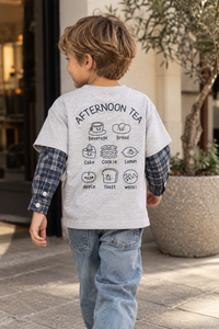 Printed Long Sleeve Tee in Light Grey, worn by a child