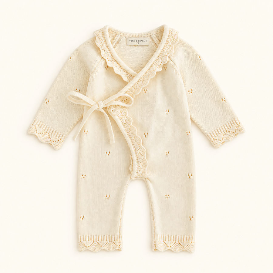 Knitted Romper Overall - Creme/Pink