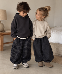 Balloon Jogger Pants in Large Check and Textured Navy, worn by children