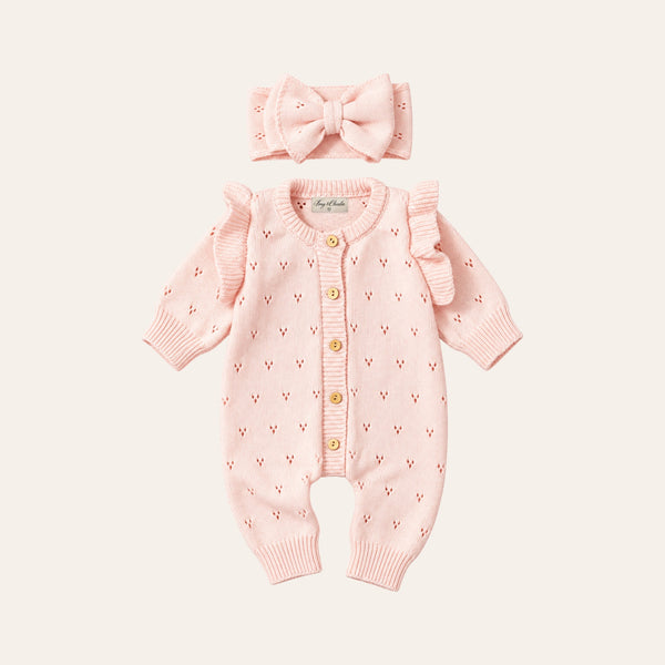 Knitted Romper for Newborn Charlie in Pink, front