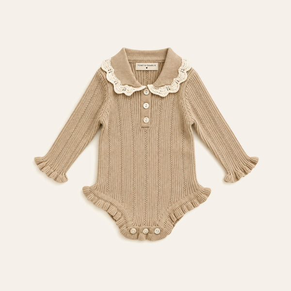 Collar Knit Romper in Beige, front
