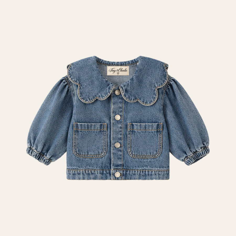 Collar Denim Jacket in Blue, front