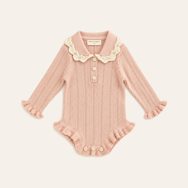 Collar Knit Romper in Pink, front