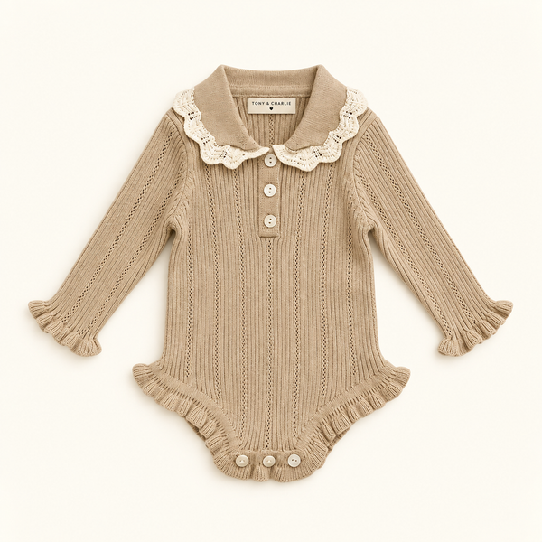 Collar Knit Romper - Beige/Pink