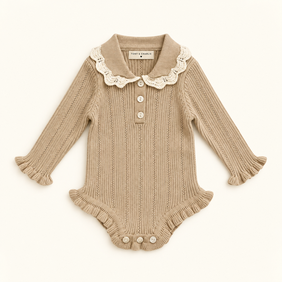 Collar Knit Romper - Beige/Pink