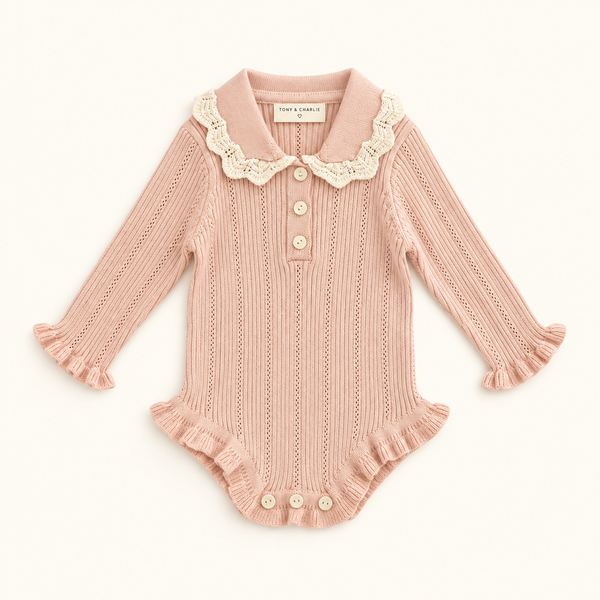Collar Knit Romper - Beige/Pink