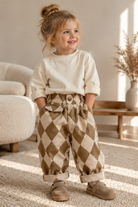 Check Harem Trousers in Brown, worn by a child