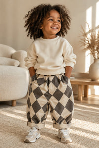 Check Harem Trousers in Charcoal, worn by a child
