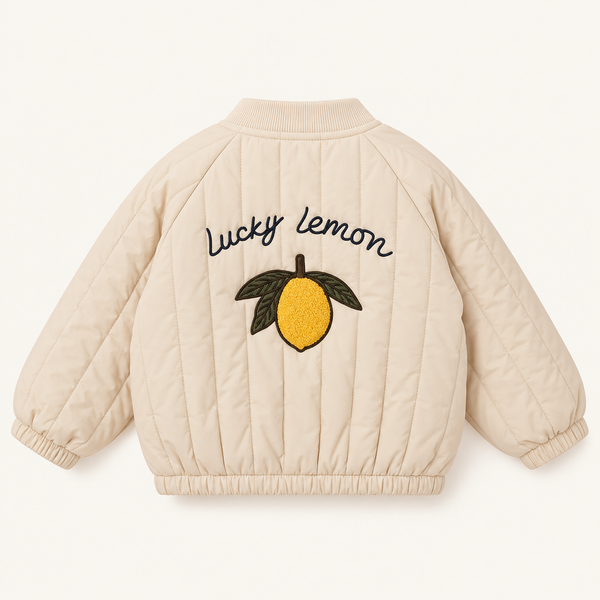 Padded Jacket in Beige, back with lemon embroidery
