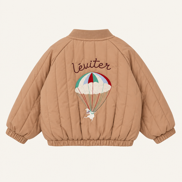 Padded Jacket in Chocolate, back with parachute embroidery