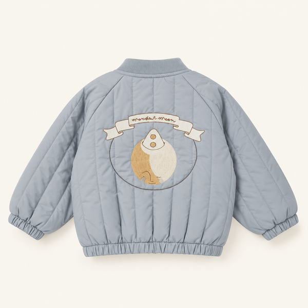 Padded Jacket in Light Blue, back with embroidered patch