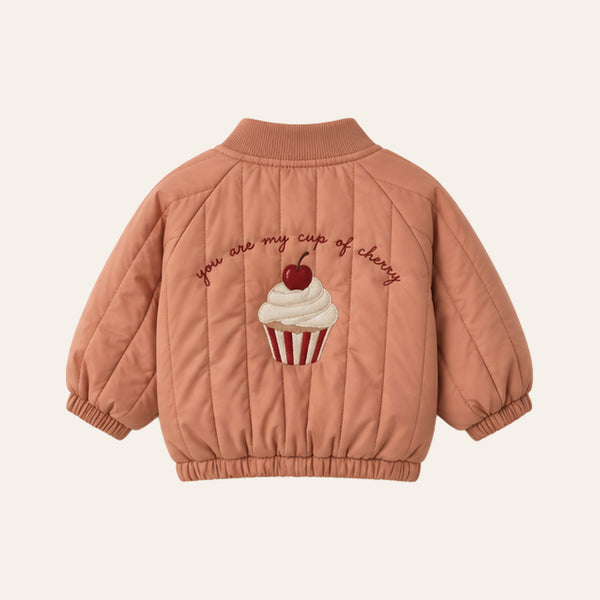 Padded Jacket in Dusty Pink, back with cupcake embroidery