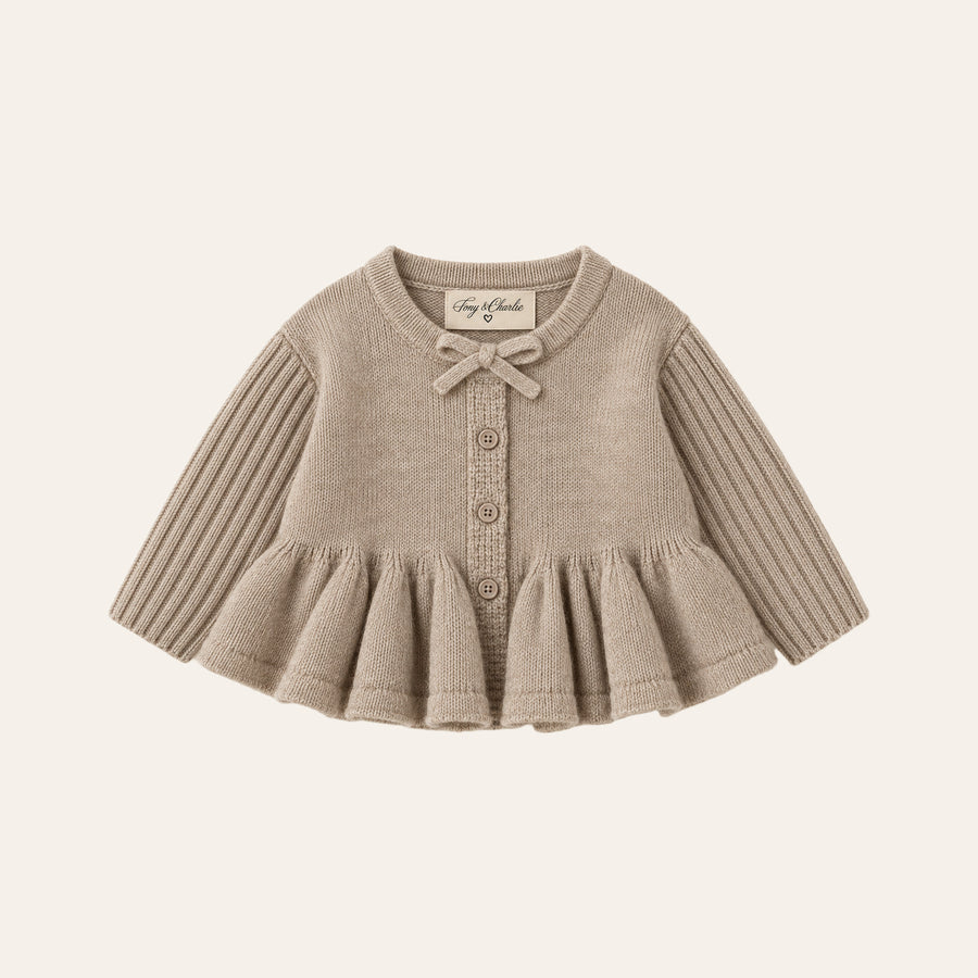 Peplum Knit Cardigan in Taupe, front