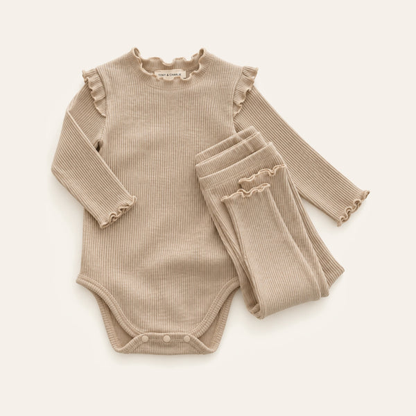 Ribbed Romper Set in Beige