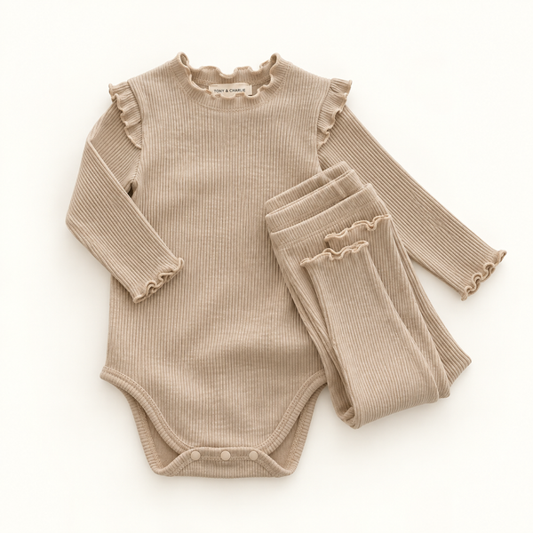 Ribbed Romper Set - Ivory/Pink/Beige