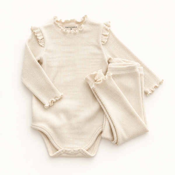 Ribbed Romper Set - Ivory/Pink/Beige