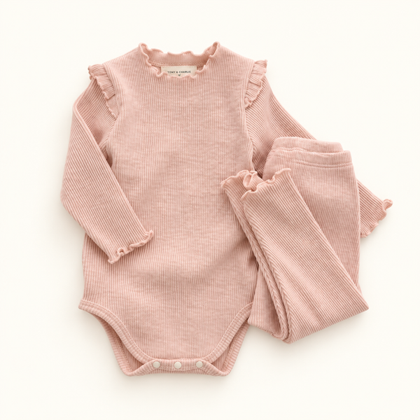 Ribbed Romper Set - Ivory/Pink/Beige