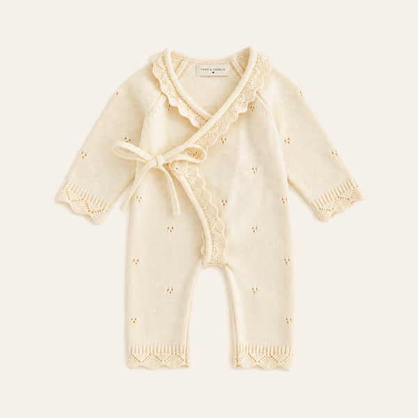 Knitted Romper Overall in Creme, front