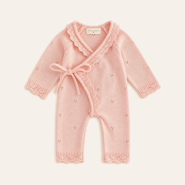 Knitted Romper Overall in Pink, front